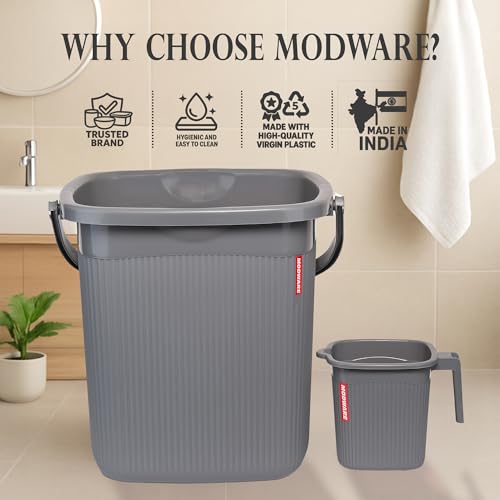 Image of Modware Square Ribbon Plastic Bucket Set with Mug | 20 L Bathroom Bucket with Handle + 1L Mug | Heavy-Duty Polypropylene + Co-Polymer | Stylish & Durable Bath Set (Grey)