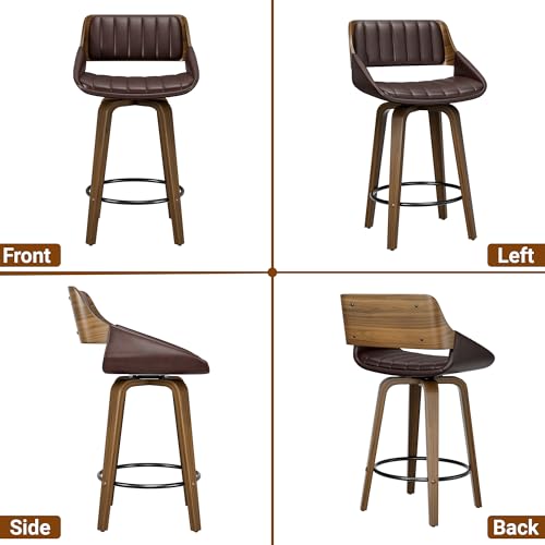 Image of YaFiti Bar Stools Set of 6, 26 inch Swivel Counter Height Barstools with Bentwood Back and Legs, Mid Century Modern Upholstered Faux Leather Counter Stools for Kitchen Island, Bar, Dining Room, Brown