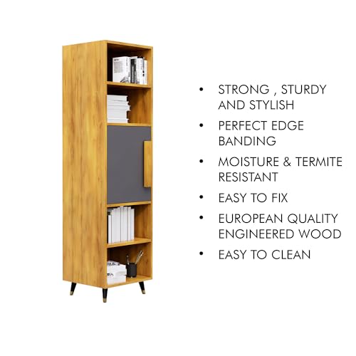 Image of Bniture Bookshelf for Home | Engineered Wood Book Shelf with 1 Door & 4 Shelf | Open Book Shelf Stand for Library | Multipurpose Display Organizer for Living Room & Office | Giant Wood & Slate Grey