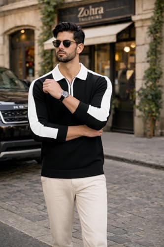 Image of Dagcros Mens Polo T-Shirt with White Contrast Collar | Short Sleeve Zipper Neck Casual Top | Smart Casual T-Shirt for Man