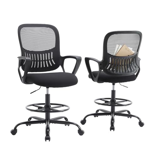 Image of DUMOS Drafting Chair for Standing Desk, Counter Height Adjustable Tall Office Desk Chair with Fixed Armrests and Comfortable Lumbar Support for Standing Desk, 360 Swivel, Ink