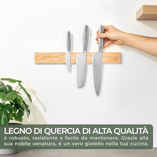 WALDWERK Barra Magnetica per Coltelli (40x5 cm) – Supporto Magnetico in Pregiato Legno di Quercia – Porta Coltelli Magnetico – Striscia Magnetica da Incollare o Avvitare – Portacoltelli Magnetico - immagine 3