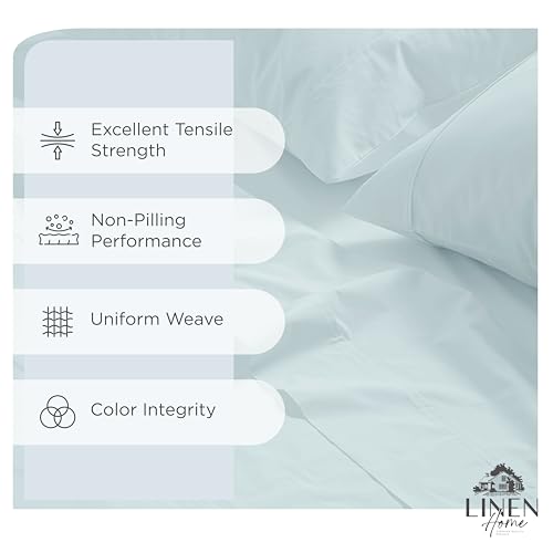 Image of Linen Home 100% Cotton Percale Sheets Queen Size, Blue Duck Egg, Deep Pocket, 4 Pieces Set - 1 Flat, 1 Deep Pocket Fitted Sheet and 2 Pillowcases, Crisp Cool and Strong Bed Linen