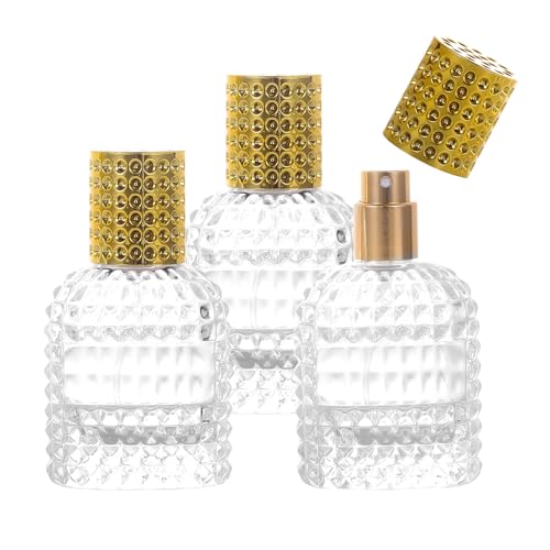 YWG Stone 3 Pack Refillable Clear Glass Luxury Spray Gold Cap Perfume Bottle Empty Atomizer Makeup Tool Bottles, Atomizer, Portable Mist Travel Dispenser for Travel 30ml/1oz