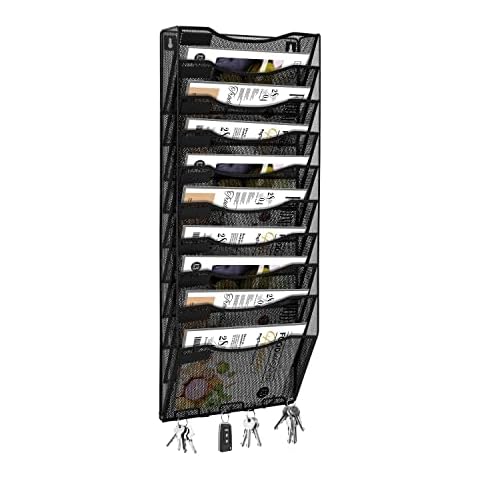 Flexzion Wall File Organizer Hanging File Holder Mesh Wall Mounted File Magazine Rack Metal Hanging File Organizer, Multipurpose Use to Display Newspapers, Paper,File, 10 Tier Storage Organizer, Black Cover