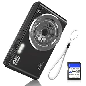 Digital Camera, FHD 1080P 44MP Digital Camera for Kids Video Camera with 64GB SD Card 16X Digital Zoom, Compact Point and Shoot Camera Portable for Kids Boys Girls Teens Students Seniors (Black)