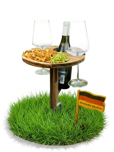 Steckbarer Weinhalter aus Massivholz Akazie - klappbarer Picknicktisch – Picknick & Camping Geschenke | Strand Gadget, Garten Gadget & Wein Zubehör | Originelles Camper Geschenk für Weinliebhaber