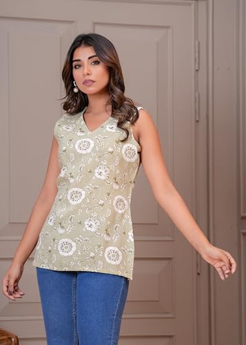 Image of MANHAREE Women's Cotton Floral Printed Short Kurti Top | V-Neck 3 /4 Sleeve Ethnic Tunic for Jeans | Casual Summer Wear Kurta for Women and Girls