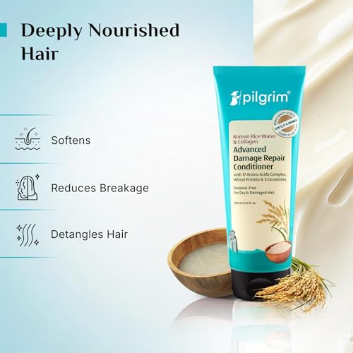Image of Pilgrim Korean Rice Water & Collagen Advanced Damage Repair Conditioner - 200ml | With 17 Amino Acids, Wheat Protein & Ceramides | Paraben-Free | Deep Nourishment & Shine I For Women & Men