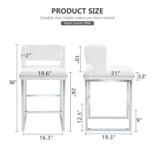 Image of 26 inch H Bar Stools Set of 4 with Back, Faux Leather Counter Height Stools with Footrest, Square Metal Frame, Modern Upholstered Bar Chairs for Kitchen Island /Dining Room, White & Silver Legs