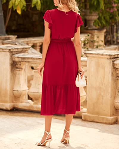 Image of BTFBM Women Summer Bohemian Floral Casual Wrap V Neck Ruffle Cap Sleeveless Belt A-Line Pleated Hem Midi Sun Dress White