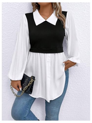 OYOANGLE Women's Plus Size Colorblock Collared Lantern Long Sleeve Button Down Blouses Elegant Office Peplum Shirt Tops3