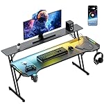 47 Inch Gaming Desk, Smart Computer Gamer Desk with LED Lights & Mouse Pad, Gaming Table with Power Outlet, Monitor Stand, Side Hook, Ergonomic Work Desk for Home Office, Carbon Fiber Black