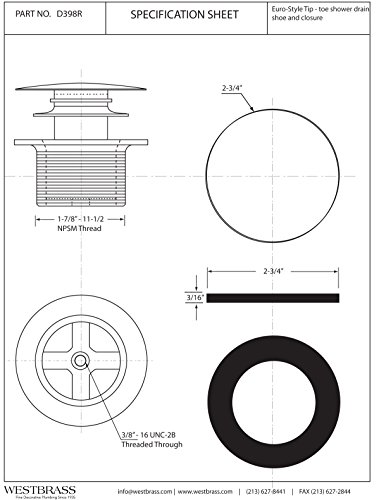 Westbrass A398RK-20 Bathtub Drain Stopper Kit - 1-1/2" NPSM Coarse Thread, Tip-Toe Mushroom Cap With Overflow Faceplate, Stainless Steel