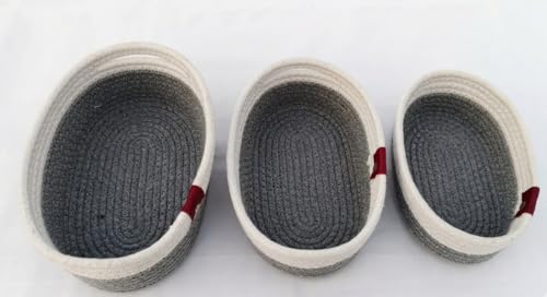 Image of AuraNest Set of 3-L-9x5.5 inch, M-8.5x5 inch, S-8x4.5 inch, Oval, Grey] Handwoven Jute Cotton Basket | Eco-Friendly Shelf Baskets for Storage, Organization & Gift Hampers Pack Off 3 Pcs (Grey&White)
