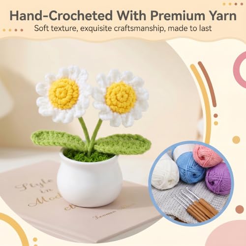 Leezmark 4 Pcs Crochet Flowers Bulk, Forget-Me-Not, Daisy, Tulip, Lily of The Valley Potted Plants, Cute Desk Decor, Crochet Plants Gifts for Mom, Teacher, Classmate, Colleague, Friend - Image 6