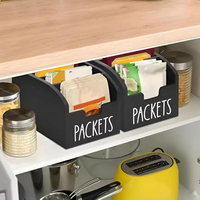 Generic Minimalist Wooden Kitchen Snack Organizer - 4 Compartment Black Packet Holder