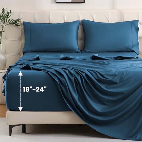 Bedlifes Queen Sheet Set, Extra Deep Pocket 18-24 Inches,1000Thread Count 100% Egyptian Cotton, Soft and Breathable Sateen 4-Piece,Navy