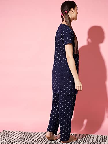 Image of Printed Round Neck Short Sleeve Nightsuit Set | Casual Night Dress for Women