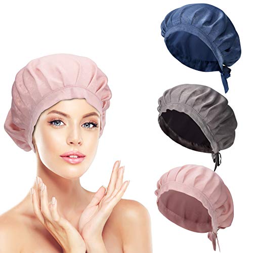 3 Pieces Sleep Cap Laelr Velvet Bonnet Sleep Hair Cover Silky Night Hat with Adjustable Wide Elastic Band Smooth Soft for Long Hair Braids Dreadlocks Curly Hair (Blue Grey Pink)