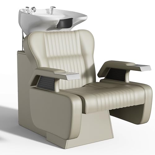 Image of KIGOTY Salon Shampoo Backwash Chair, Shampoo Bowl and Chair Set, Hair Washing Station with Large Adjustable Ceramic Bowl, Shampoo Bowl Sink Chair for Salon (Oatmeal)