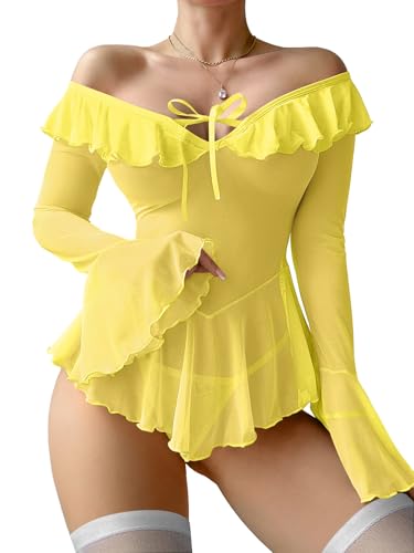 Image of Foxiny Sheer Ruffle Long Sleeve Babydoll Lingerie Dress | Off-shoulder neckline, flared cuffs and a flounce hem add movement; thong and thigh-high stockings complete the 3-piece set
