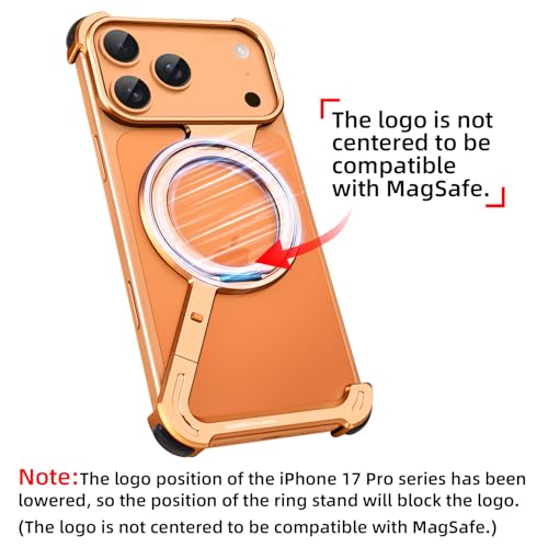 OGRANEE Z Metal Case for iPhone 17 Pro Frameless, Aluminum Alloy Bumper Compatible with Magsafe Kickstand Minimalist Shockproof Cool Cover Hard Shell with 360°Ring Holder Magnetic Stand, Orange — view 2