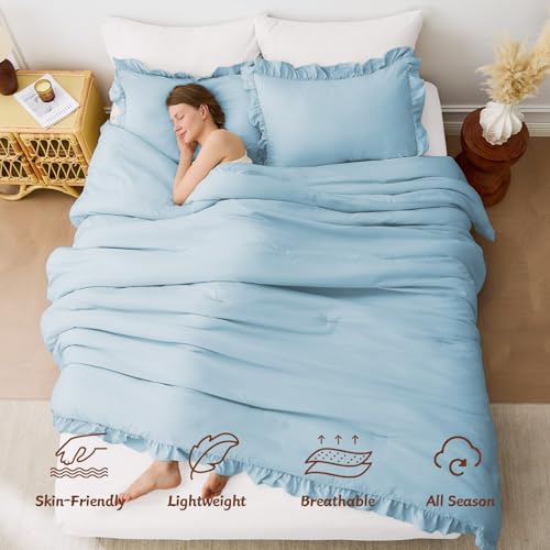 Image of FUANNA Full Size Comforter Sets Light Blue, 3 Pieces Ruffle Full Size Bedding Sets, Fluffy Bed in a Bag Full for All Seasons, Shabby Chic Full Bed Set with 1 Lightweight Comforter & 2 Pillowshams