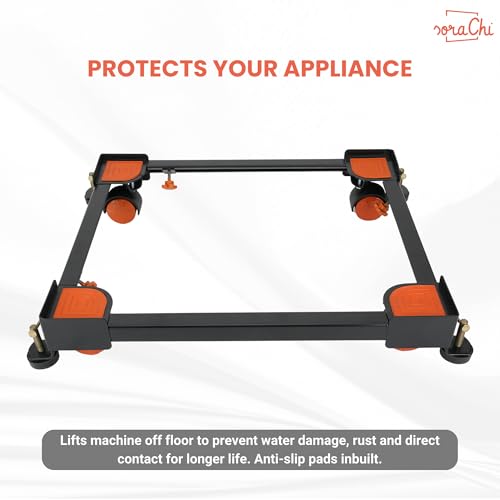 Image of SoraChi Adjustable Iron Washing Machine Stand with Wheels | Elevates Appliances to Prevent Water Damage & Reduce Vibrations | Universal Fit for Washers & Refrigerators (Black Orange)