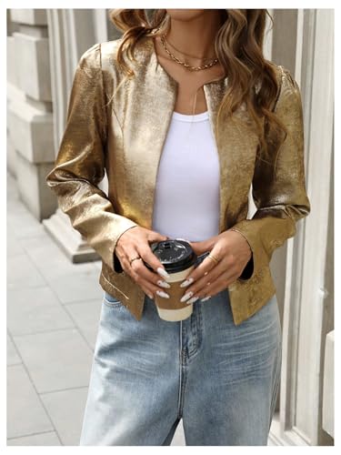 MakeMeChic Women's Metallic Open Front Jacket Long Sleeve Elegant Short Coat Outerwear3