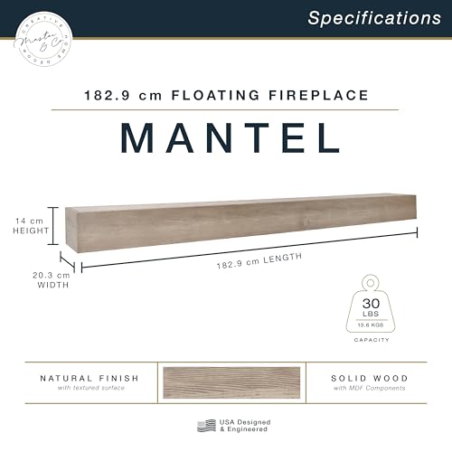 Image of MCS 72-Inch Mantel, Master & Co Antique Natural Finish Solid Wood Floating Fireplace Mantel, Long Floating Shelf for Livingroom with Wood Cleat Hanging System, Photo and Home Decor Display Shelf