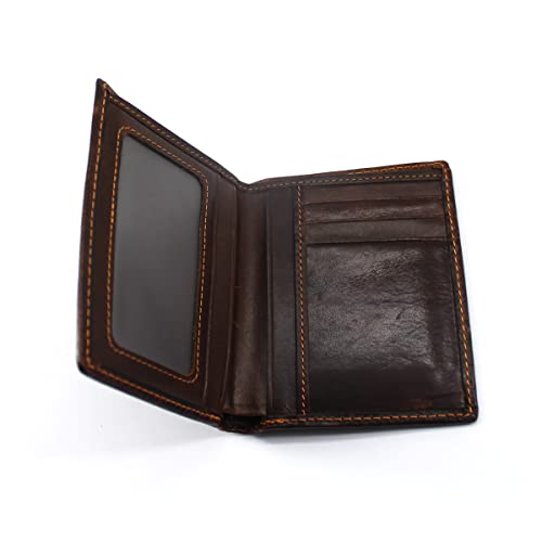 Mens Leather Genuine Extra Capacity Wallet Bifold Slim Brown Front Pocket Engraved Dragon Medifier Wallets with Credit Card Holder ID Window for Men women Husband Boyfriend Him Gifts Vertical Style3