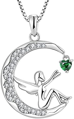 FJ Guardian Angel Pendant Necklace 925 Sterling Silver Moon Necklace with Heart Birthstone Cubic Zirconia Jewellery Gifts for Women Girls