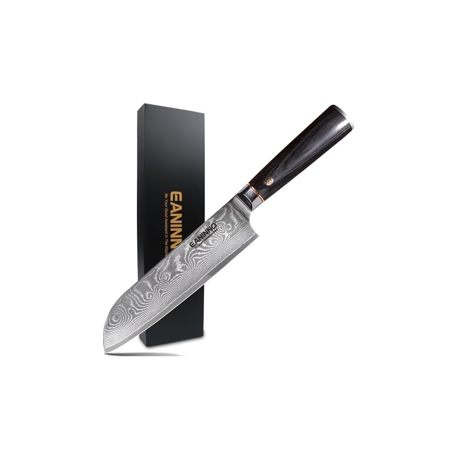 EANINNO Japan Santoku Damascus Japanese Chef Knife 7 inch, VG-10 Damascus Steel 67 Layer Kitchen Cutting Knife, Asian Chef's Knife for Meat Vegetable Wood Handle