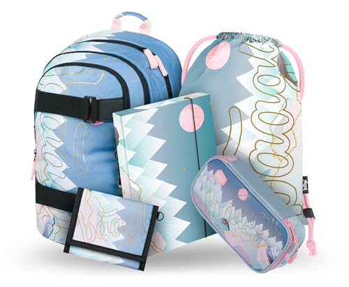Baagl Schulrucksack Set Mädchen 5-Teilig, Schultasche ab 3. Klasse, Grundschule Ranzen mit Brustgurt, Ergonomischer Schulranzen (Skate Moon)
