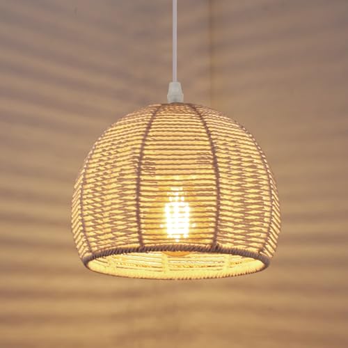 Riserva Lámpara Colgante de Ratan, Blanco Lampara Techo Estilo Bohemio, E27 Iluminación de Techo Redondo para Dormitorio, Sala de Estar, Comedor, Pasillo, Balcón, Cafetería, 20cm
