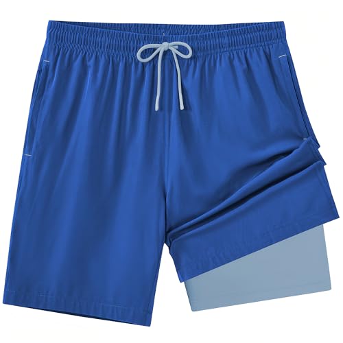 Zoofly Mens Swim Trunks 2 in 1 Swim Shorts Quick Dry Board Shorts with Zipper Pockets and Compression Liner Blue XL