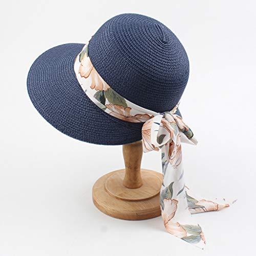 Kids Girl Summer Straw Hat Foldable Wide Brim Cap Sun Visor Hats Sun Beach Hats Bowknot Floppy Caps (Navy, One Size)2