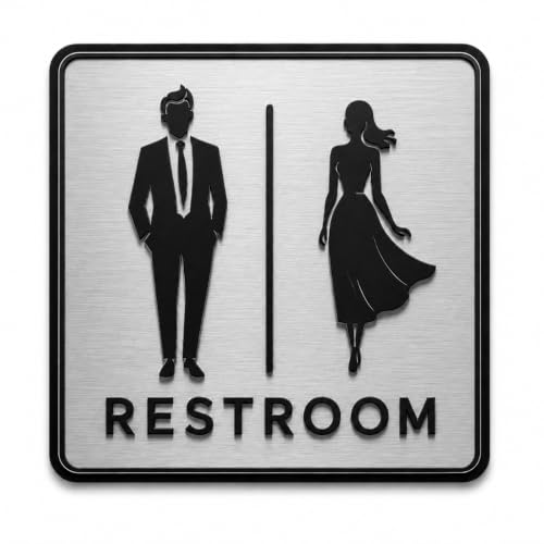 Image of Premium Brushed Silver Unisex Restroom Door Sign | Acrylic Toilet Washroom Sign with Self-Adhesive Tape | Modern Bathroom Signage for Office, Store, Cafe, Restaurant, Hotel & Commercial Spaces