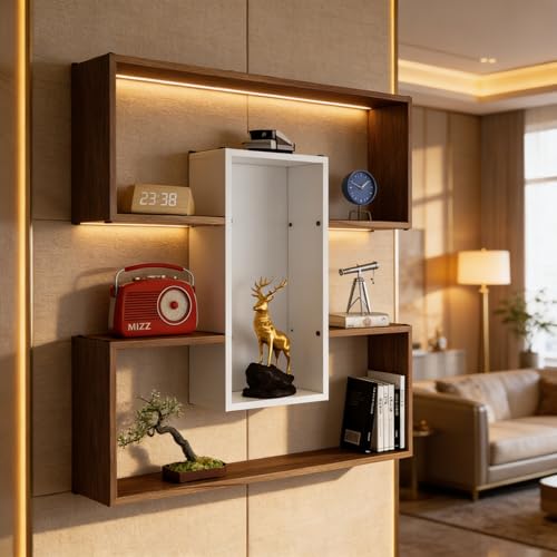Image of MIZZ Multipurpose Modular Wall Racks /Shelves /Organiser /Decor Particle Board Wall Shelf (Number of Shelves - 6, Beige, White)