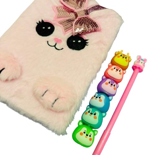Kit de Papelaria Kawaii com Caderno de Pelúcia, Marca-Texto de Bichinhos e Caneta Fofa - Modelos e Cores Sortidas, Presente para Meninas, adolescentes, Mulheres, Dia das Crianças, Aniversário, Natal