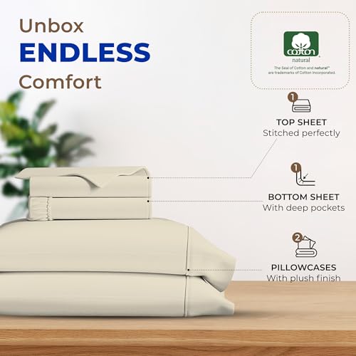 THREAD SPREAD 100% Egyptian Cotton Sheets Queen Size - 600 Thread Count Sheets Queen, 4 PC Luxury Sheets Queen Size, Soft, Cooling Sateen Weave Deep Pocket Sheet Set, Fits Mattress Upto 18\"- Ivory - Thumbnail 3