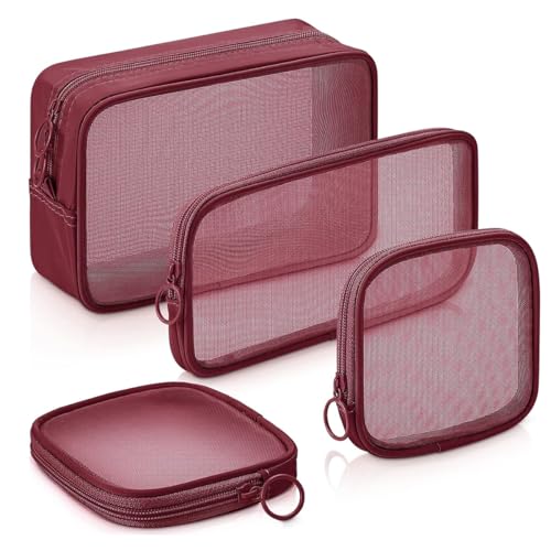 Image of MAYCREATE 4Pcs Zipper Pouches Combo 4 Sizes Mesh Zipper Pouches Makeup Stylish Burgundy Red Cosmetic Bags Cash Bags Nylon Mesh Accessories Organizer
