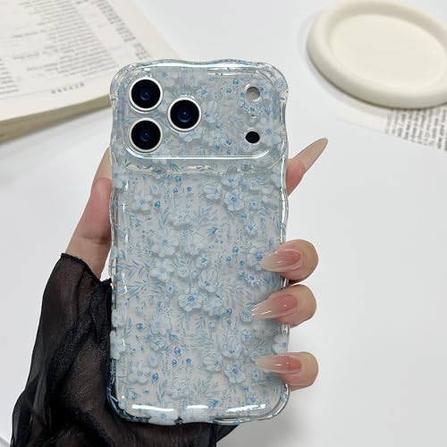 RALEAVO for iPhone 17 Pro Case Cute Floral Pattern Design,Clear Curly Wave Frame Cover for Women,Soft Shockproof Anti-Slip Protective Case for iPhone 17 Pro,Blue Flowers