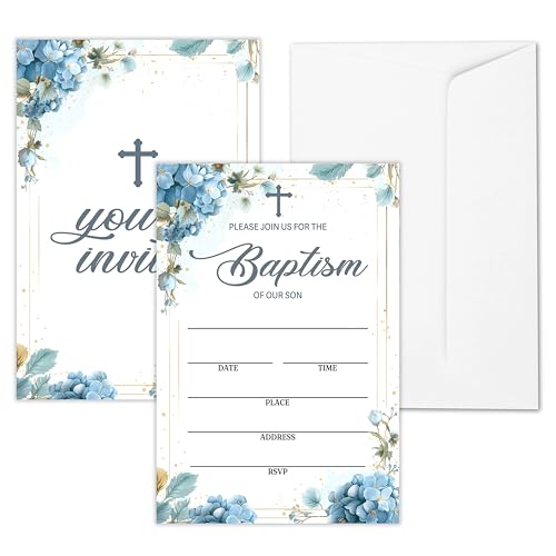 Blue Floral Baptism Invitations for Boys