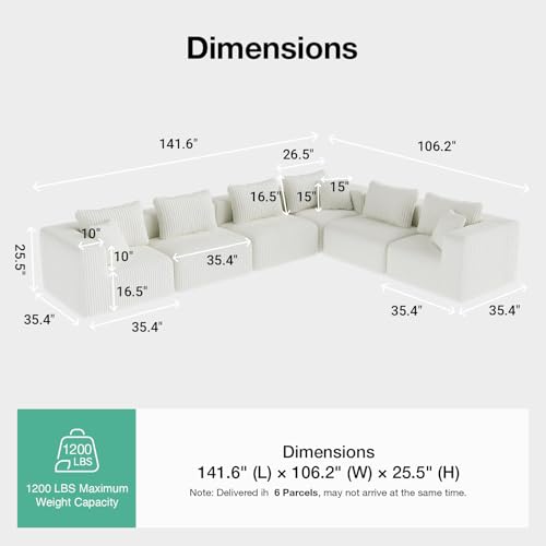 Image of Novilla 141 inch Modular Sectional Sofa, L Shape Plush Sectional Couch, Modern Cloud Design with SmartS Coil Support, Boneless Sectional Couch for Large Living Room Apartment, No Assembly Required, Beige