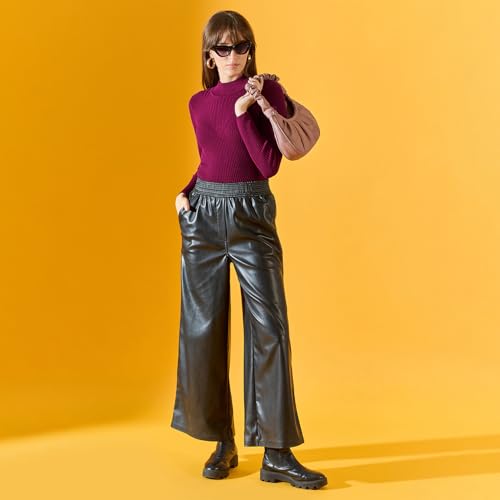 Image of 98 Degree Women Pure Cotton High Neck Sweater Has A Full Sleeve & Straight Hem-AW25AZG1156-BLACK