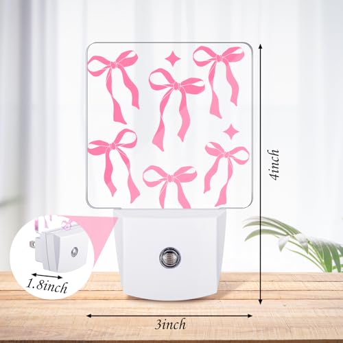 Image of 2 Pcs Pink Bow Night Lights Sensor Night Light Plug in Dusk to Dawn LED Lamps Gift for Indoor Bedroom, Bathroom, Toilet, Stairs, Kitchen, Hallway