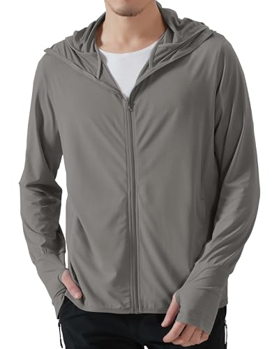 Locachy Men's UPF 50+ Sun Protection Outdoor Lightweight Full Zip Hoodie Jacket Long Sleeve Fishing Hiking Performance Shirt Grey L