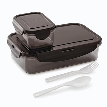 Lock & Fit Small (800ml+125ml) with Folk & Spoon 2 Containers Lunch Box (925 ml) (Lunch Box Black)